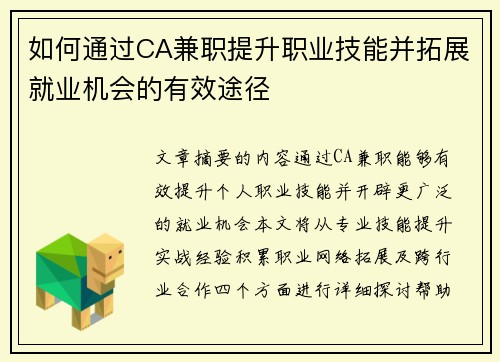 如何通过CA兼职提升职业技能并拓展就业机会的有效途径