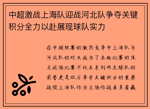 中超激战上海队迎战河北队争夺关键积分全力以赴展现球队实力