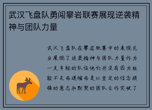 武汉飞盘队勇闯攀岩联赛展现逆袭精神与团队力量