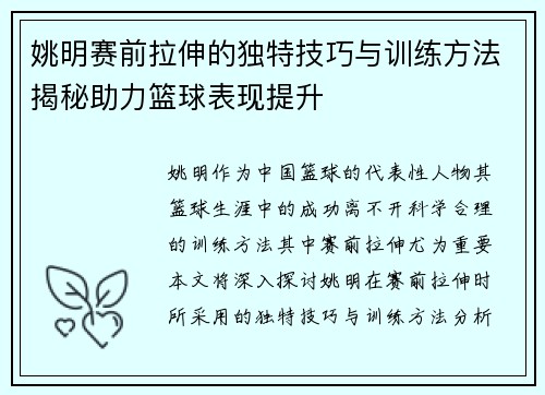 姚明赛前拉伸的独特技巧与训练方法揭秘助力篮球表现提升