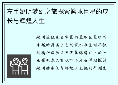 左手姚明梦幻之旅探索篮球巨星的成长与辉煌人生