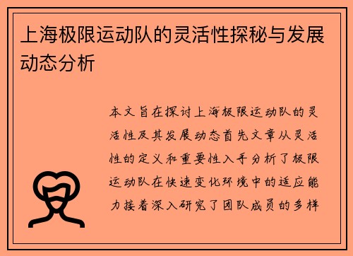 上海极限运动队的灵活性探秘与发展动态分析