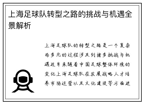 上海足球队转型之路的挑战与机遇全景解析